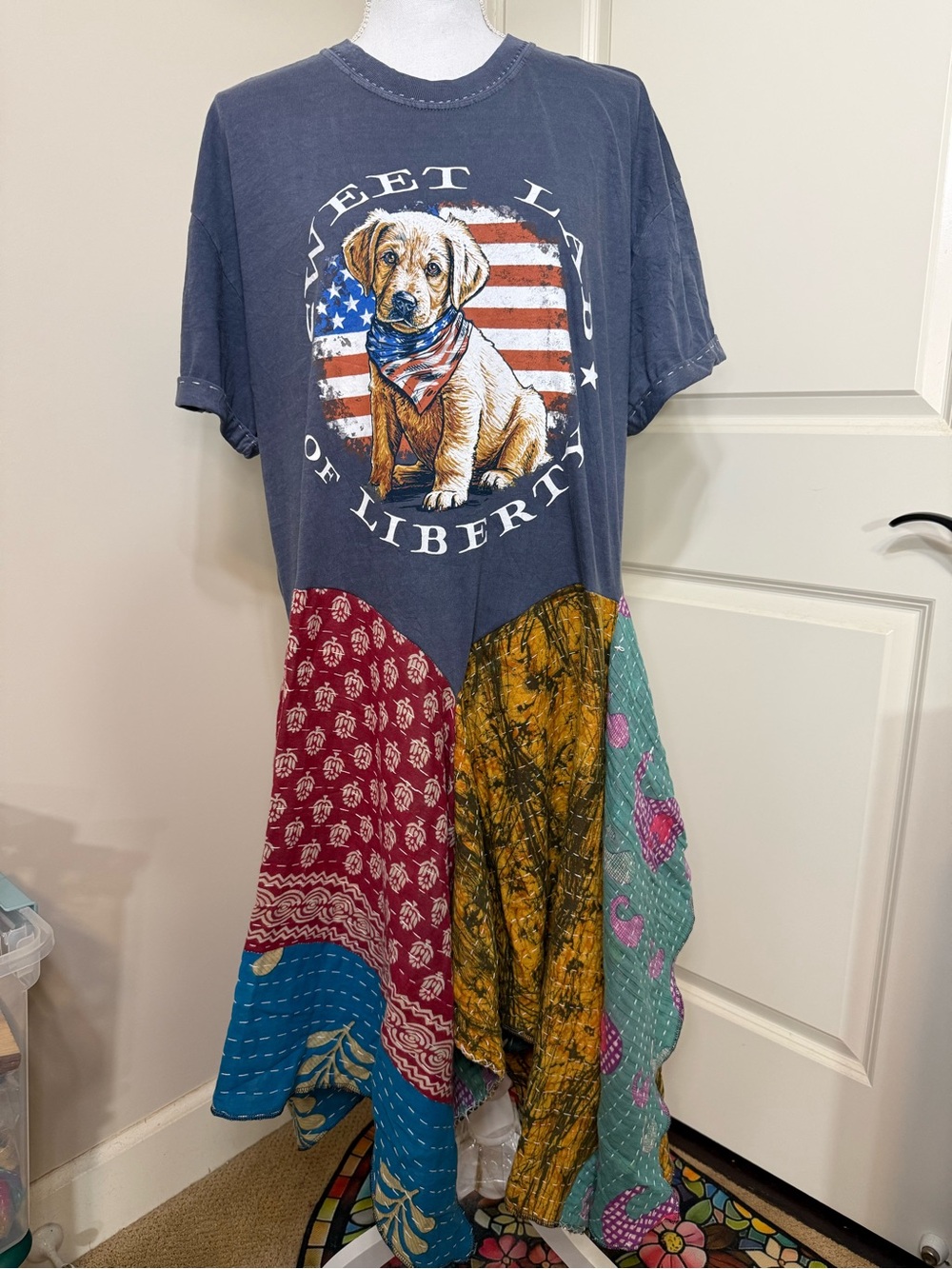 Asymmetrical Patchwork Dog-Graphic Dress - earth blue and Multi